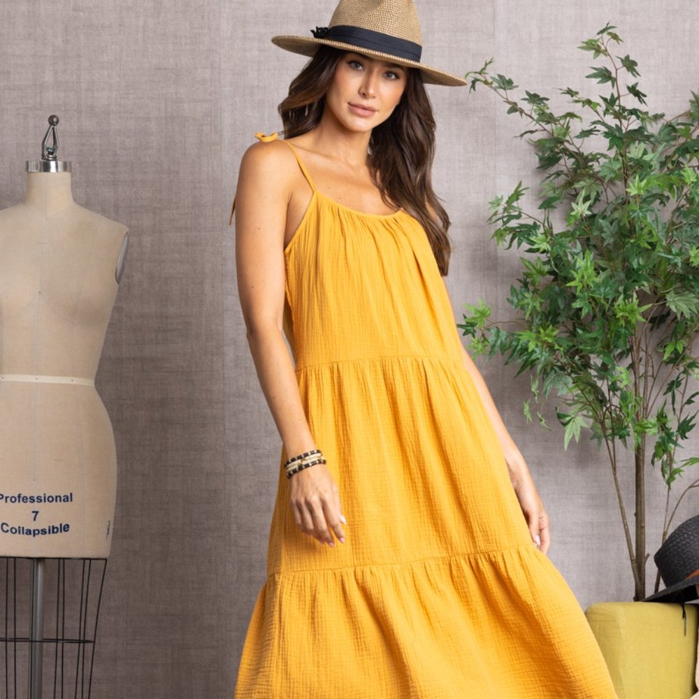 SOLID SPAGHETTI STRAP RUFFLE HEM MIDI DRESS